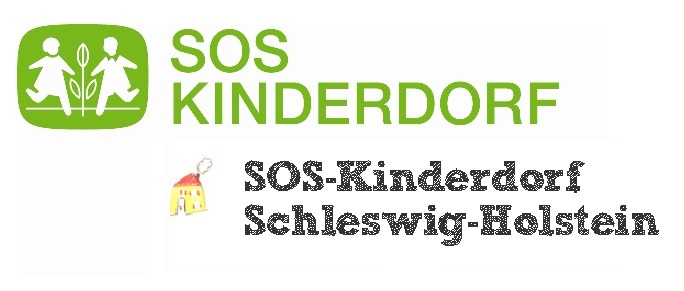 Symbol des SOS-Kinderdorfes mit zwei Kindern und einer Pflanze in der Mitte sowie der Schriftzug SOS-Kinderdorf Schleswig-Holstein 