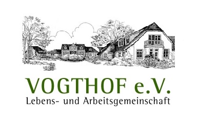 Ein gezeichnetes Bild des Vogthofes mit dem Namensschriftzug in grüner Farbe